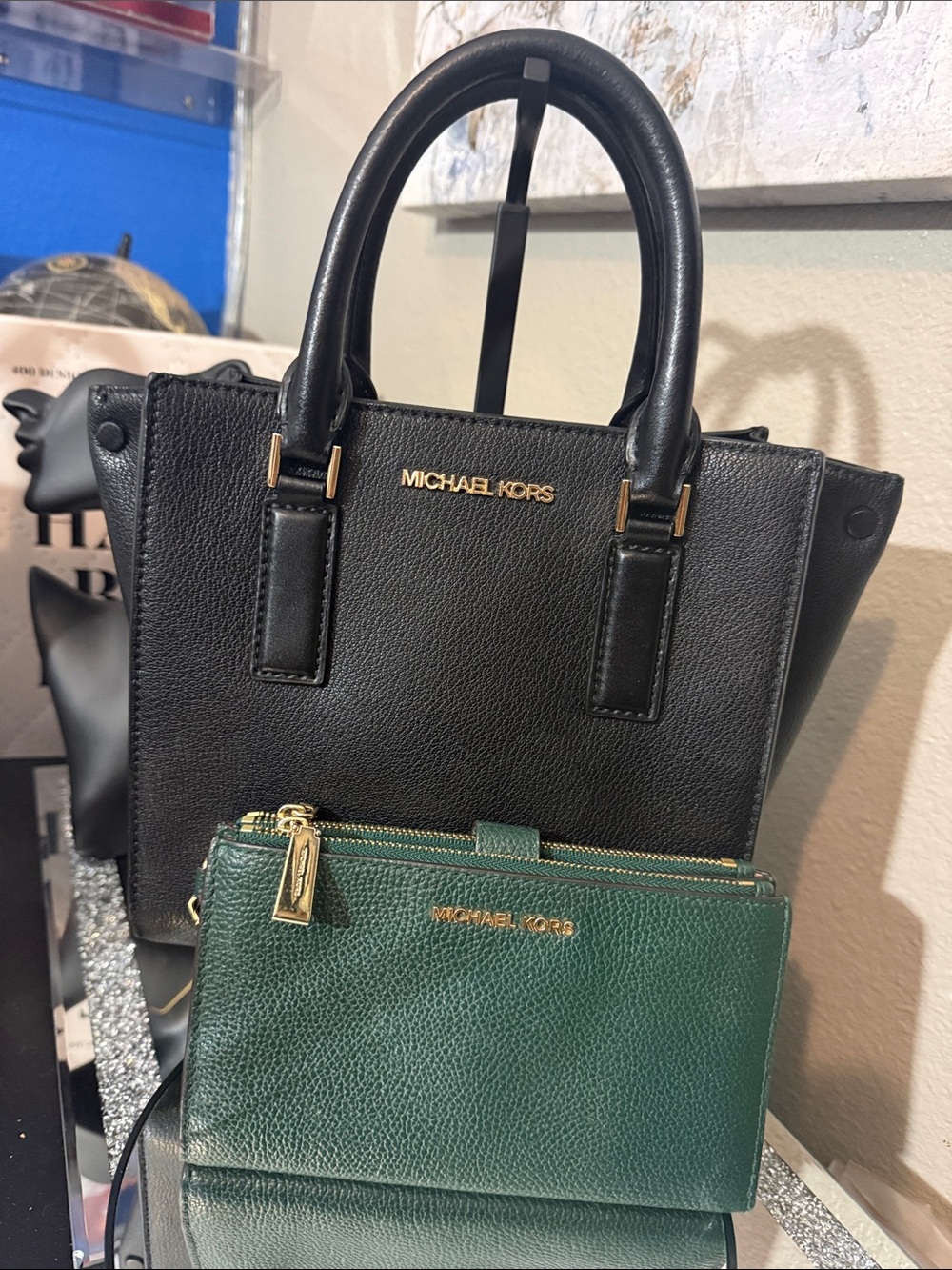 MICHAEL KORS Forest Green Pebbled Leather Wristlet Clutch